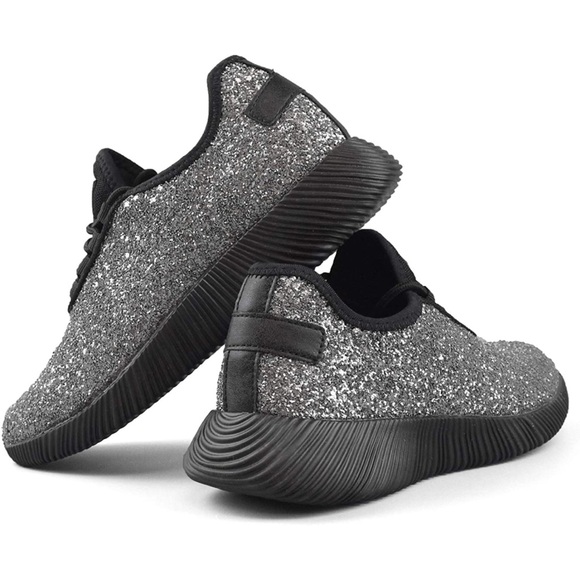 Ice Silver Sequin Glitter Sneaker Shoe Lace Up Slip On Comfy Sport Gym Metallic - Picture 12 of 16
